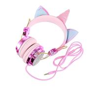 GALPADA Adjustable Gaming Headset with Rhinestone Unicorn Horn Cat Ear Design Wired Stereo Headphones with Comfortable Protein Earmuffs Volume for Hearing Protection Rose Gold for Teens