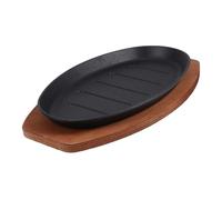 GALPADA Cast Iron Steak Grill Pan Iron Steak Plate with Wooden Base with Fine Workmanship Easy to Clean Simple Elegant Design for Home Use and Grilled Fish