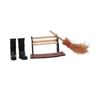 GALPADA Delicate Mini House Adornment with Broom Black Boots Brown Mat Wooden Park Bench Portable Dollhouse Decoration for Xmas Play Photography and Home Furnishing