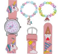 GALPADA Girls Unicorn Quartz Watch Bracelet Set, Pink Silicone Wrist Watch with Heart and Pearl Beaded Bracelets, Cute Birthday Gift for Kids