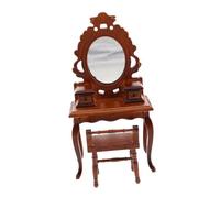 GALPADA Miniature Wood Dresser Dollhouse Furniture with Mirror and Stool Victorian Style Vanity Table for Creative Bedroom Decoration and Role Playing
