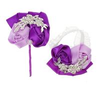 GALPADA Rhinestone Bridal Wrist Corsage with Ribbon Rose Boutonniere for Wedding Bridesmaids Groomsmen Romantic Purple Corsage Brooch Accessories for Elegant Ceremony and Party