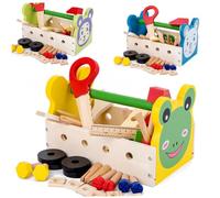 GALPADA Solid Wood Cartoon Tool Box Multi-function Educational Play Kit for Boys and Safe Water-paint Finish Promotes Social Skills and Cognitive Development Wooden Construction