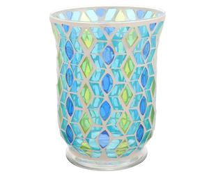 GALPADA Tea Light Holder Glass Tealight Holder Creative Shape Blue and Yellow Mosaic Design for Romantic Candlelight