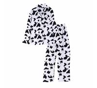 GALPADA Womens Pajama Set Cartoon Cow Print Long Sleeve Lapel Night Wear Two-Piece Pajamas and Pants for Home Lounge (L) White