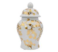 Galt International 8" Home Decor Ceramic Ginger Jar with Lid - Tea Storage, Decorative Centerpiece Accent Jar Jingdezhen Chinese Style Porcelain (Gold & White)
