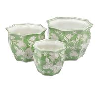 Galt International Green & White Round Fluted Floral Porcelain Ceramic Plant Flower Planter Pot Set of 3 (7.5", 10", 13") Garden Pots Chinese Asian Design