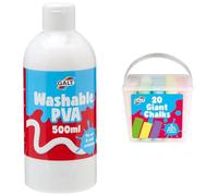 Galt Washable PVA Glue & Giant Chalks Bundle - Kids’ Arts and Crafts Set with 500ml Clear Glue for Slime Making and 20 Bright Washable Pavement Chalks, Ages 3+