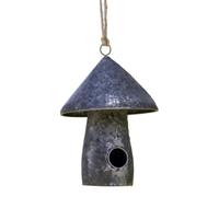 Galvanised Metal Mushroom Hanging Bird House, Silver, Jute Rope Hanger, Weather-Resistant, Wildlife Garden Nesting Box, 21x31x21cm