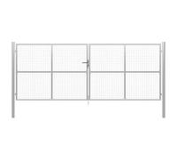 Galvanised Steel Garden Gate 400 x 150 cm Heavy Duty Double Wing Gate Adjustable Width for Garden, Patio and Yard, Includes Lock and Posts, Silver