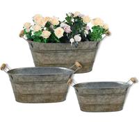 Galvanized Metal Oval Planter Buckets with Handles - Set of 3 Rustic Farmhouse Flower Tubs with Drain Holes & Plugs, Vintage Small Pots for Herbs, Succulents, Wedding or Tabletop Decor