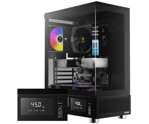 GAMDIAS ATLAS E1 Gaming ATX Mid Tower Computer PC Case, Customizable Digital Monitor w/ Software, 3 x 120mm ARGB Fans, Panoramic Tempered Glass Display, Perforated Airflow Vent PSU Chamber, Black