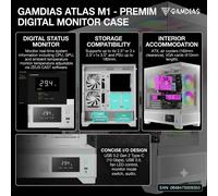 GAMDIAS ATLAS M1 WH Gaming ATX Mid Tower Computer PC Case, Customized Monitor w/Software, 3x120mm ARGB PWM Fans(2 Intake), Panoramic Tempered Glass Display, Perforated Airflow Vent PSU Chamber, White