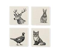 Game Animals Fabric Coaster Set - Stag Hare Pheasant Fox Square Table Coasters Gift - Set of 4