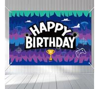 Game Birthday Backdrop, 59x39 Inch Washable Polyester Gaming Happy Birthday Banner Game Controller Championship Trophy for Boys Photo Props Wall Decor