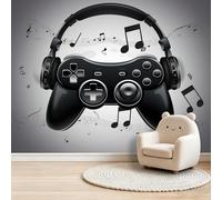 Game Controller Headphones Music Photo Mural - 200 x 140 cm Non-Woven Premium Wall Mural - High Definition Art Print Teen Bedroom Game Room Decoration Environmental Friendly Grey Photo Wallpaper
