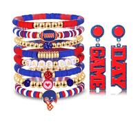 Game Day Bracelet Earrings for Women Football Bracelets Red Black Heishi Beaded Stretch Bracelet Red Blue Yellow Purple Field Day Accessories Game Day Football Mom Jewelry Accessory Outfits Gifts, L