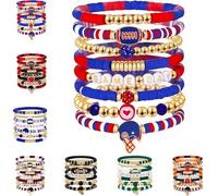 Game Day Bracelets for Women Men, Stackable Beaded Sports Charm Bracelets, Football Mom Jewelry Gifts, Boho Summer Fan Accessories (Red and blue)