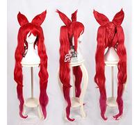 Game LOL Star Guardian Jinx Cosplay Wigs 120cm Long Red Mixed Loose Wave Cosplay Wig Heat Resistant Synthetic Hair Wigs + Ears