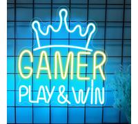 Game Neon Sign, LED Gamer Play & Win Neon Lights for Wall Decor, LED Dimmable Light Up Sign USB Powered for Bedroom Office Living Room Game Room Man Cave Home Bar Party