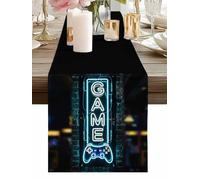 Game Neon Sign Table Runner 13 x 90 Inch, Modern Video Game Controller Blue Glowing Tube Washable Cotton Linen Dining Table Runner Tabletop Decorations for Restaurant Home Kitchen Party