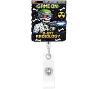 Game On 8-Bit Radiology Funny Skeleton Nurse Badge Reel Retractable, Retro Pixel Art X-Ray Tech ID Badge Holder with Name Tag Clip & Caffeine Meter Shape for MRI CT Rad Tech W ift, Glitter Acrylic