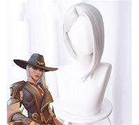 Game OW Ashe Cosplay Wig 35cm Short Straight Synthetic Hair Ow Game Wigs Silver-white Costume Party Role Play Wig+wig Cap