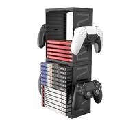 Game Storage Tower for PS5, 24-Disc DVD Organizer with 4 Controller Hooks | Space-Saving Vertical Media Rack Stand for PS4, Xbox Series X/S, Switch, Blu-Ray Cases, Black Gaming Discs Shelf Stand