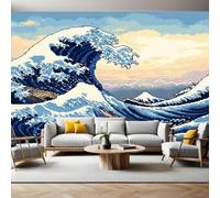 Game Style Photo Wallpaper 3D Effect Japanese Wave Mural Wallpaper Non-Woven Wall Mural, 350 x 256 cm Large Murals Wall Decor for Bedroom, Living Room, Kids Room