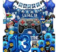 Game Theme 13th Birthday Party Decorations - 31pcs Blue Gamer Party Supplies with Latex Balloons, 32inch Number 13 Foil Balloon, 110x150cm Backdrop, Hanging Swirls for Official Teenager Boy & Girls