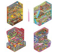 Game Theme 3D Miniature Scene 4 Sets of Stickers,DIY House Sticker Scene with Tweezers Make Your Own Cute Cartoon Sticky Pack for Adults Girls Relief Stress Pass The Time,Party Favors Birthday Gift