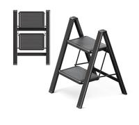 GameGem 2 Step Ladder, 2 Step Stool for Adults, Folding Step Ladder with Secure Footing, Widened Pedal, Aesthetically Pleasing Looking, Blends Right into Domestic Rooms, Black