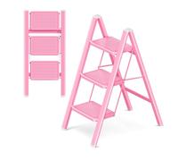 GameGem 3 Step Ladder, 3 Step Stool for Adults, Folding Step Ladder with Secure Footing, Widened Pedal, Aesthetically Pleasing Looking, Blends Right into Domestic Rooms, Pink