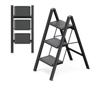 GameGem 3 Step Ladder, 3 Step Stool for Adults, Folding Step Ladder with Secure Footing, Widened Pedal, Aesthetically Pleasing Looking, Blends Right into Domestic Rooms, Black