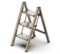 GameGem 3 Step Ladder, Folding Step Stool with Anti-Slip Wide Pedal, Aluminum Material Lightweight yet Sturdy, 150KG Load, Cute Modern Apperance for Indoor Household Spaces, Champagne Gold