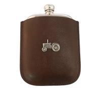 Gamekeepers Cottage gifts Farm Tractor Design English Pewter 4 Oz Traditional Hip Flask In Brown Leather Pouch FREE ENGRAVING