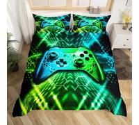 Gamepad Bedding Sets for Boys,Reversible Gaming Duvet Cover Set Single Size,Video Games Comforter Cover,Bed Set for Kids Bedroom,Gamepad Controller,2 Pcs with 1 Pillow Case,Blue Green Neon