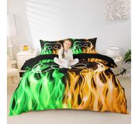 Gamepad Duvet Cover Set Super King,Green Yellow Fire Bedding Sets 3Pcs for Kids Girls Boys Adult Room Decor,Cool Gaming Flames Comforter Cover Modern Black Quilt Cover,2 Pillowcases