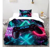GAMEPAD NEON Bedding Set 3D Digital Printing Gaming Themes Duvet Cover Set for Boys & Girls Chic Breathable Quilt Cover with Pillowcase Single（135x200cm）