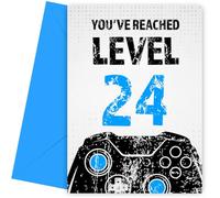 Gamer 24th Birthday Card for Men - Black & Blue Reached Level 24 Bday Cards for Son, Grandson, Nephew or Brother. Gaming Happy Birthday Card for 24 Year Old Male