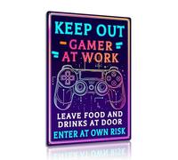 "Gamer At Work" Humorous Metal Sign - Keep Out Aluminum Plaque for Gaming Room Decor 8x12 Inches (25100)