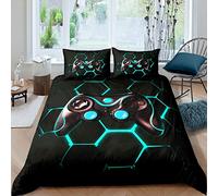 Gamer Bedding Set Boys Teens Video Game Gaming Duvet Cover Set Geometric Honeycomb Hexagon Comforter Cover Kids Anime Game Controller Bedclothes Room Decor 2Pcs Single Size,Black,Blue