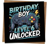 Gamer Birthday Card for Boys Age 6 - Level 6 Unlocked Video Game Controller Design - 145mm x 145mm Square Card with Kraft Envelope - Funny Gaming Birthday for Son Grandson Nephew