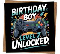 Gamer Birthday Card for Boys, Level 7 Unlocked 7th Birthday Greeting, Video Game Controller Design, Funny for Son Grandson Nephew, 145mm x 145mm Square with Kraft Envelope
