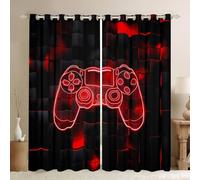 Gamer Blackout Curtains 46x72 For Boys Kids Video Game Room,Gaming Curtains & Drapes 3D Neon Gamepad Window Curtains Geometric Grid Window Treatments 2 Panels Red Black