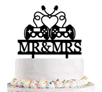 Gamer Couple Wedding Cake Topper - Game Controllers Cake Topper with Heart-Shaped Cable,Romantic Mr&Mrs Topper for Gaming Couples' Bridal Shower Engagement Wedding Anniversary Party Decor