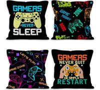 Gamer Cushion - 4PCS Gaming Room Decor, 45 x 45CM Gamer Cushion Covers, Gaming Stuff for Man Room, Stylish Black Light Print Home Decor for Gamers, Pillowcase for Video Game (inserts not included)