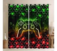 Gamer Darkening Drapes W46*L54 Kids Gaming Honeycomb Curtains for Bedroom Game Controller 30%-50% Blackout Curtains Hexagon Gaming Gifts Green Yellow Red Window Treatments