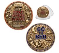 Gamer Decision Challenge Coin, Go to Bed or One More Game Keepsake | Zinc alloy, double-sided gamer decision design, 1.574 in diameter, with bedtime and one-more-game themes.