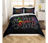 Gamer Duvet Cover Eat Sleep Game Repeat Bedding Set Boys Teens Gaming Comforter Cover for Kids Girls Player Colorful Tie Dye Reversible Double Size